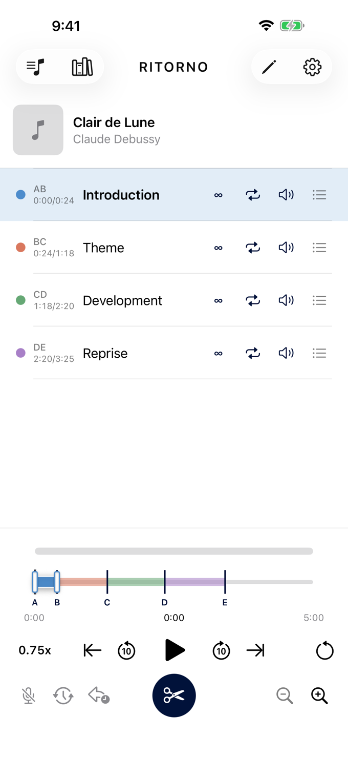 Ritorno practice screen: pick one color-coded loop and repeat that range on the seek bar