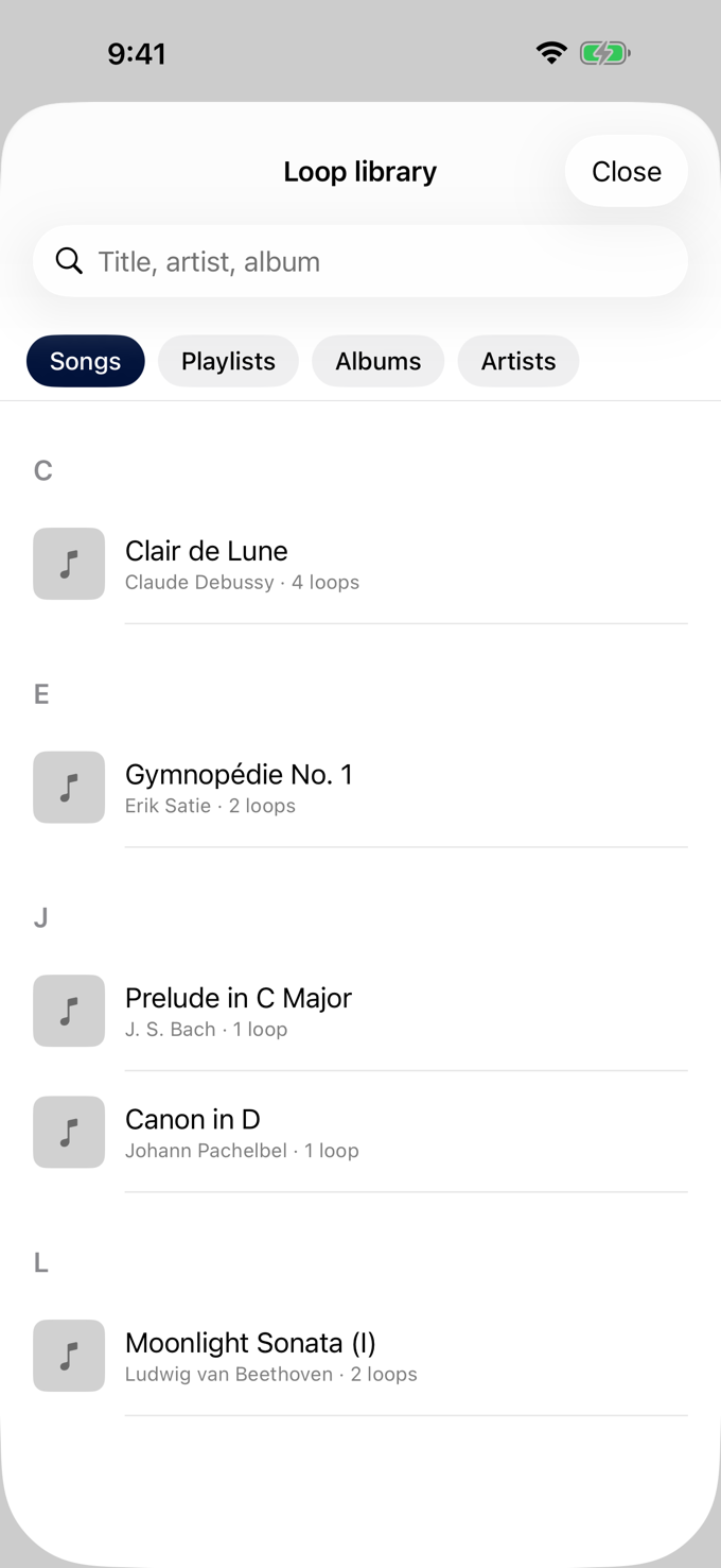 Ritorno loop library: the loops you practiced are kept per song